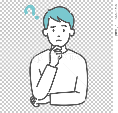Illustration of a worried and thinking young man (question mark, upper body) 136808300