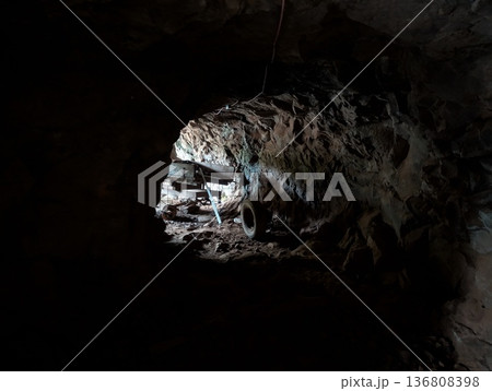 Misiones, Argentina - June 23, 2025: Minera Vanda or the Vanda Mines in Misiones, Argentina. Equipment in the tunnel Misiones, Argentina - June 23, 2025: Minera Vanda or the Vanda Mines in Misiones, Argentina. Equipment in the tunnel 136808398