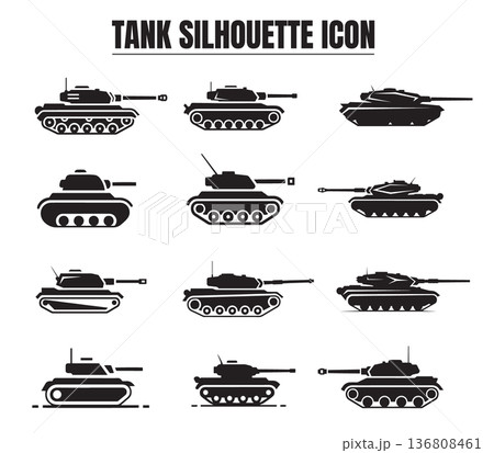 Military Tank Silhouette Icon Set Modern Army Vehicle Black Vector Collection 136808461