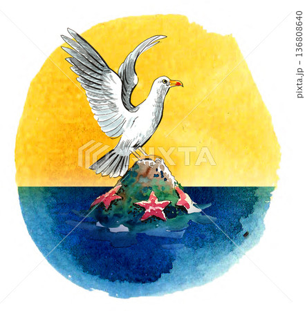 Hand-Drawn Songbird Illustration. Vintage Ink and Yellow Watercolor Nature Art 136808640