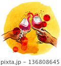 Hand-Drawn Wine Toast Illustration . Vintage Ink and Yellow Watercolor Celebration Art 136808645