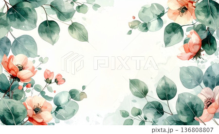 ユーカリとピンクの花の水彩画風フレーム。手書き風の植物イラストとボタニカルな背景、メッセージカード ユーカリとピンクの花の水彩画風フレーム。手書き風の植物イラストとボタニカルな背景、メッセージカード 136808807
