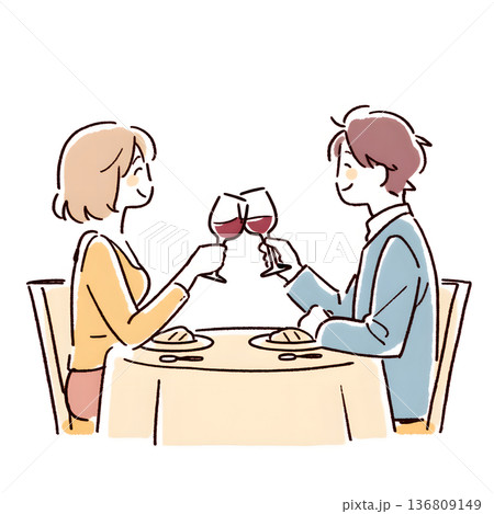 カフェで向かい合う男女のイラスト。デートや婚活、特別な日の出会いのシーン カフェで向かい合う男女のイラスト。デートや婚活、特別な日の出会いのシーン 136809149