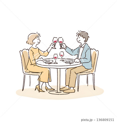 カフェで向かい合う男女のイラスト。デートや婚活、特別な日の出会いのシーン カフェで向かい合う男女のイラスト。デートや婚活、特別な日の出会いのシーン 136809151