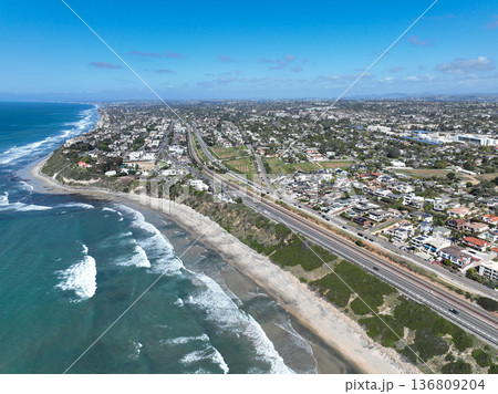 Aerial drone photo of Cardiff, West Coast of California, Encinitas, United States of America Aerial drone photo of Cardiff, West Coast of California, Encinitas, United States of America 136809204