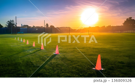 朝日に照らされるサッカー場 136809326