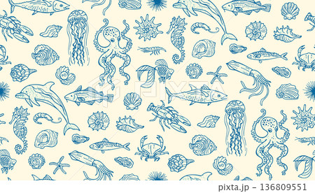 Underwater Marine Life Grunge Hand Drawn Seamless Pattern Doodle Mediterranean Background 136809551