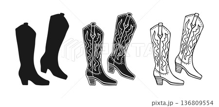Cowgirl Boots Hand Drawn Sketch Doodle Linear Silhouette Engraving Set American Traditional Pair Cowgirl Boots Hand Drawn Sketch Doodle Linear Silhouette Engraving Set American Traditional Pair 136809554