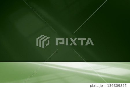 Green Shadow Background Studio Room Photo Empty Gradient Leaf Floor Wall Backdrop Muslin Design Canvas Surface Texture Podium Eco Scene Mockup Product Cosmetic Beauty Organic Display Stand Stage. 136809835