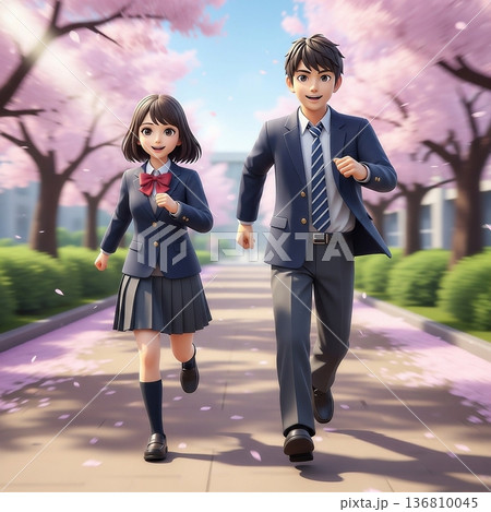 屋外で学生服を着て走る男女の生徒 136810045
