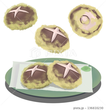 皿に乗っているしいたけのてんぷらセット 136810230