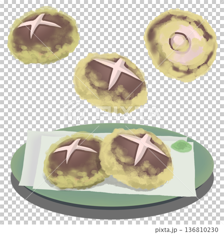 皿に乗っているしいたけのてんぷらセット 136810230