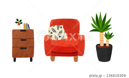 赤い布張りの一人用ソファとユッカ　水彩風手描きイラスト 136810309