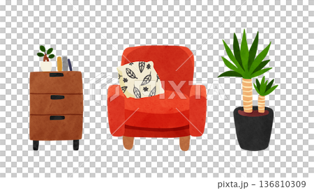 赤い布張りの一人用ソファとユッカ　水彩風手描きイラスト 136810309
