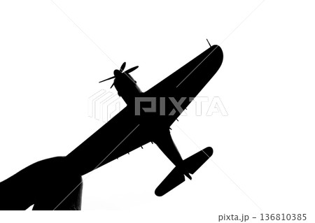 指でつままれたシルエットのプロペラ戦闘機 指でつままれたシルエットのプロペラ戦闘機 136810385