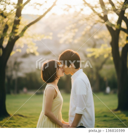 公園でキスをする若い日本人の男女カップル 136810399