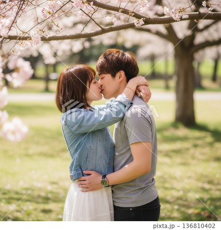 公園でキスをする若い日本人の男女カップル 136810402