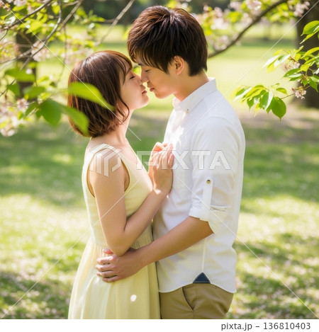 公園でキスをする若い日本人の男女カップル 136810403