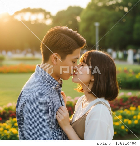 公園でキスをする若い日本人の男女カップル 136810404