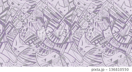 Print Seamless abstract pattern with a musical themed design of keys, strings, and cats for textiles and design 136810550