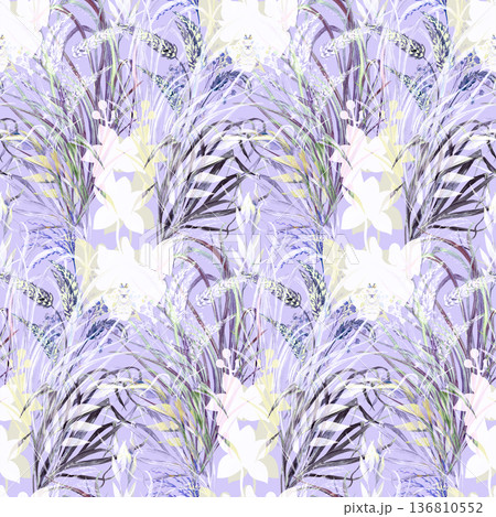 Botanical seamless pattern with graceful flowers and orchid sulhouettes for textiles 136810552