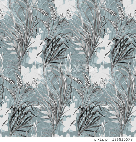Botanical watercolor blackand white seamless pattern with graceful flowers and orchid silhouettes for textiles 136810575