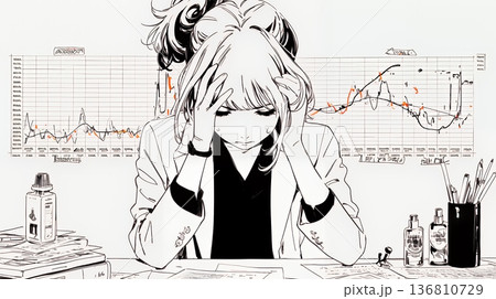 金融市場の急激な変動で頭を抱えている女性（シンプルな色使い）