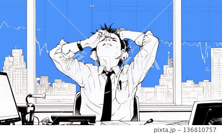 金融市場の急激な変動で頭を抱えている男性（シンプルな色使い）
