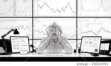 金融市場の急激な変動で頭を抱えている男性（シンプルな色使い）