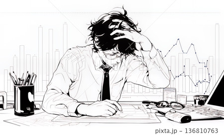 金融市場の急激な変動で頭を抱えている男性（シンプルな色使い）