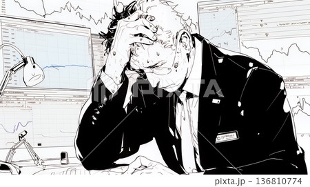 金融市場の急激な変動で頭を抱えている男性（シンプルな色使い）