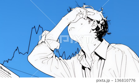 金融市場の急激な変動で頭を抱えている男性（シンプルな色使い）