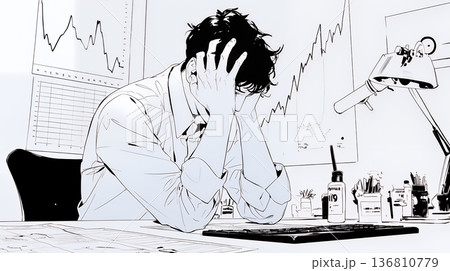金融市場の急激な変動で頭を抱えている男性（シンプルな色使い）