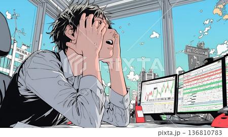 金融市場の急激な変イラスト、151a-azp、ビジネス、金融市場、男性、ビジネ動で頭を抱えている男性