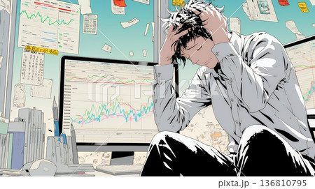 金融市場の急激な変動で頭を抱えている男性