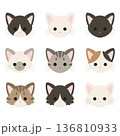 猫の顔アイコン9種セット(短毛・長毛・ハチワレ・三毛・サバトラ・シャム)シンプルベクター素材 136810933