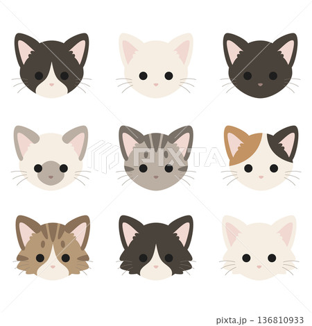 猫の顔アイコン9種セット(短毛・長毛・ハチワレ・三毛・サバトラ・シャム)シンプルベクター素材 136810933