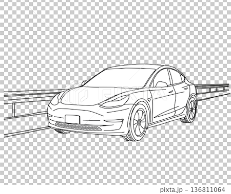 Line drawing vector illustration of a modern sedan car driving on the road 136811064