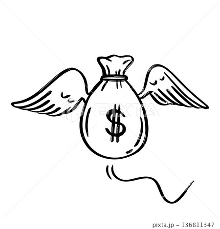 Flying Money Bag with Wings Sketch Illustration. Flying Money Bag with Wings Sketch Illustration. 136811347