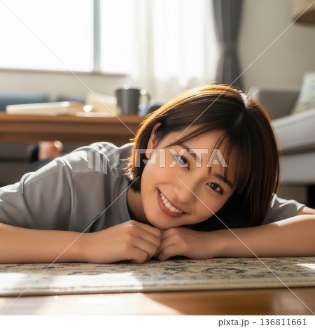 リビングで寝そべってリラックスする若い女性 136811661