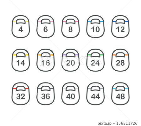 Kettlebell Weight Icons Set with Colored Bands. Outline linear vector Kettle Bells pack for gym, workout, strength training, isolated on white background Kettlebell Weight Icons Set with Colored Bands. Outline linear vector Kettle Bells pack for gym, workout, strength training, isolated on white background 136811726