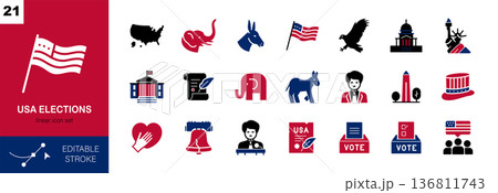 USA Elections Solid Glyph Icons Set. US Elections Isolated Vectors with Voting Ballot Box, Republican and Democratic Symbols, American Flag, Capitol, White House, Liberty Sign, Vote and Election Icons 136811743