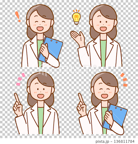 カルテを持つ白衣の女性イラストセット｜保健の先生・医療 136811784