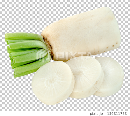 Fresh whole white daikon radish with green stems and three round slices isolated. High quality studio shot for food, nutrition, culinary and healthy lifestyle projects. Fresh whole white daikon radish with green stems and three round slices isolated. High quality studio shot for food, nutrition, culinary and healthy lifestyle projects. 136811788