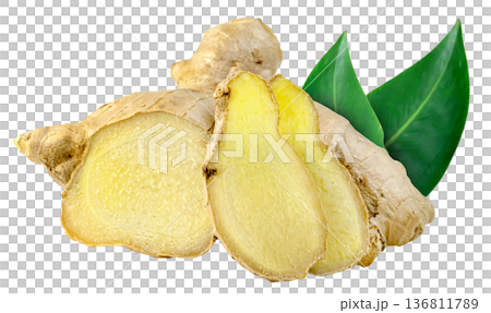 Fresh ginger root with cut slices and green leaves isolated. Aromatic spice used for cooking, herbal tea, and medicine. Healthy organic food ingredient for culinary use. 136811789