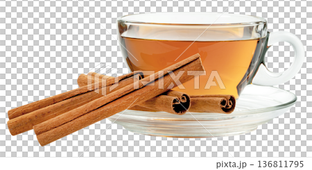 Aromatic tea in clear glass cup with saucer and cinnamon sticks isolated. Healthy organic herbal drink concept for wellness. Professional macro food photography in clean style. Aromatic tea in clear glass cup with saucer and cinnamon sticks isolated. Healthy organic herbal drink concept for wellness. Professional macro food photography in clean style. 136811795