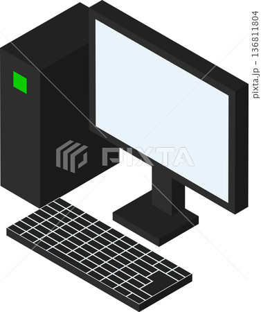 アイソメトリックで描かれたブロック風のデスクトップパソコンとモニターのイラスト 136811804