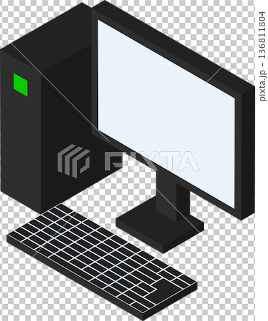 アイソメトリックで描かれたブロック風のデスクトップパソコンとモニターのイラスト 136811804