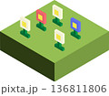 アイソメトリックで描かれたブロック風のカラフルな花のイラスト 136811806