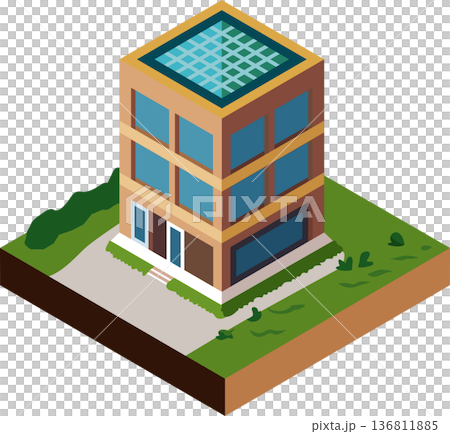 帶有天窗的建築物的等距插圖 136811885